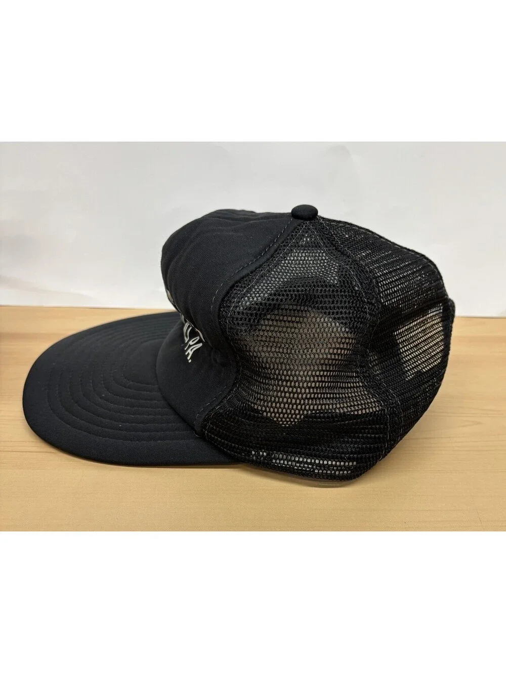Vintage 80s AJD Trucker Hat Snapback Stauffer Mfg Co Red Hill PA Black Mesh L